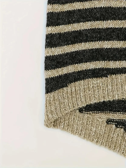 Women's Black Striped Sweater – High Neck Long Sleeve