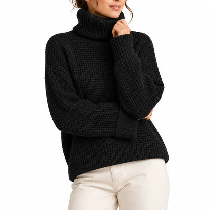 Women's Black Waffle Knit Turtleneck Sweater – Oversized