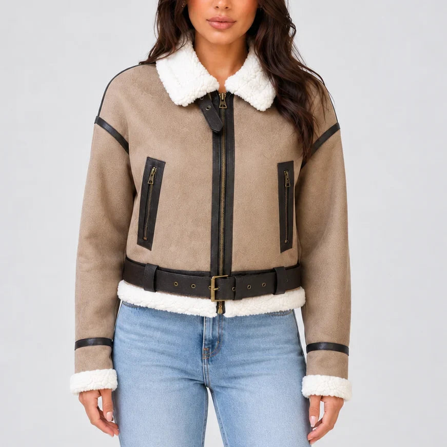 Women's Cropped Aviator Jacket – Teddy-Lined Zip-Up