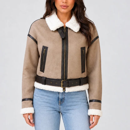 Women's Cropped Aviator Jacket – Teddy-Lined Zip-Up