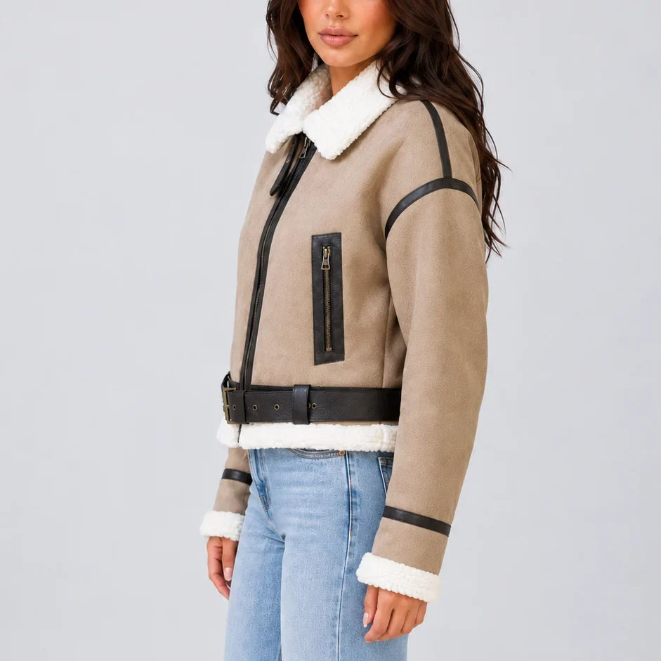 Women's Cropped Aviator Jacket – Teddy-Lined Zip-Up