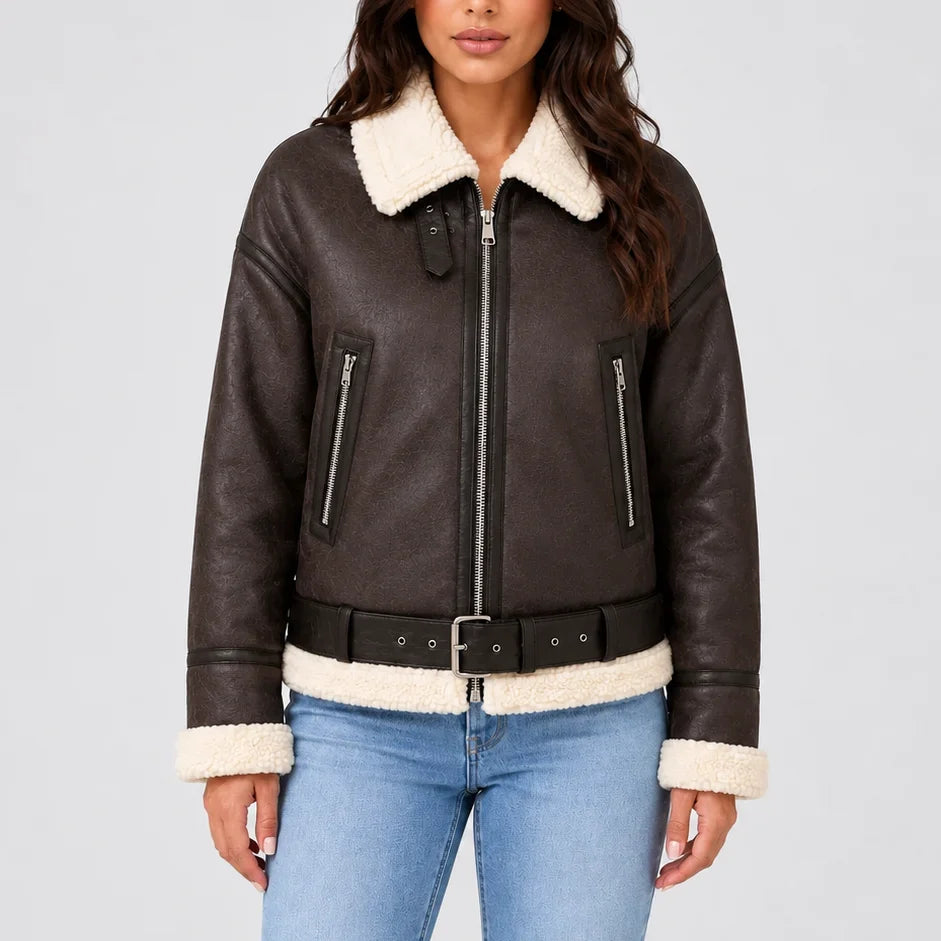 Women's Cropped Aviator Jacket – Teddy-Lined Zip-Up