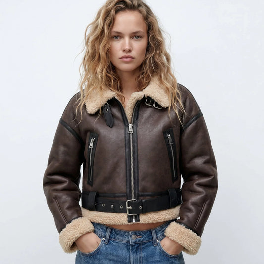 Women's Shearling Bomber Jacket - Double Sided Lined Winter Jacket