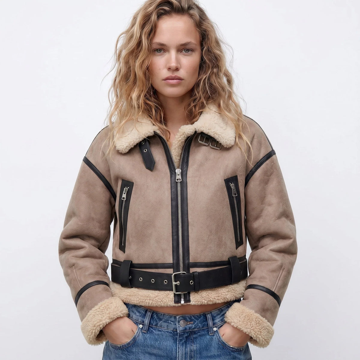 Women's Shearling Bomber Jacket - Double Sided Lined Winter Jacket