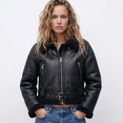 Women's Shearling Bomber Jacket - Double Sided Lined Winter Jacket