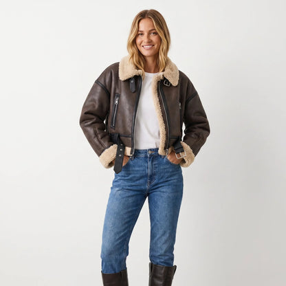 Women's Shearling Bomber Jacket - Double Sided Lined Winter Jacket