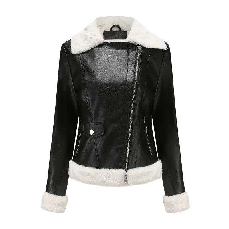 Women's Leather Shearling Bomber Jacket - Zip Up Winter Jacket