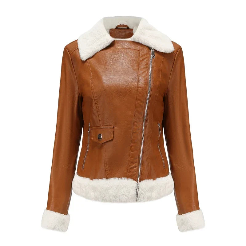 Women's Leather Shearling Bomber Jacket - Zip Up Winter Jacket