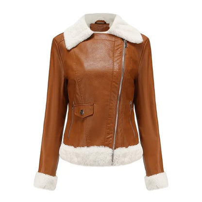 Women's Leather Shearling Bomber Jacket - Zip Up Winter Jacket