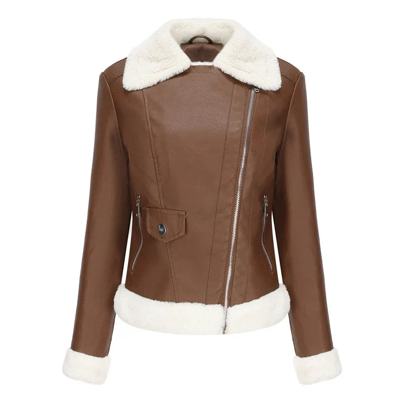 Women's Leather Shearling Bomber Jacket - Zip Up Winter Jacket