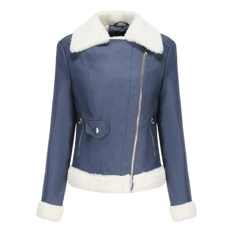 Women's Leather Shearling Bomber Jacket - Zip Up Winter Jacket