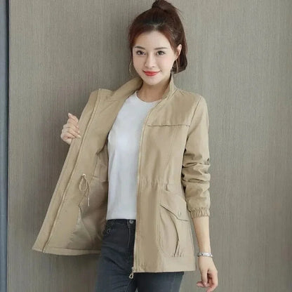 Women's Lightweight Bomber Jacket - Zip Up Drawstring Waist