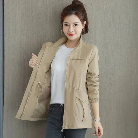 Women's Lightweight Bomber Jacket - Zip Up Drawstring Waist