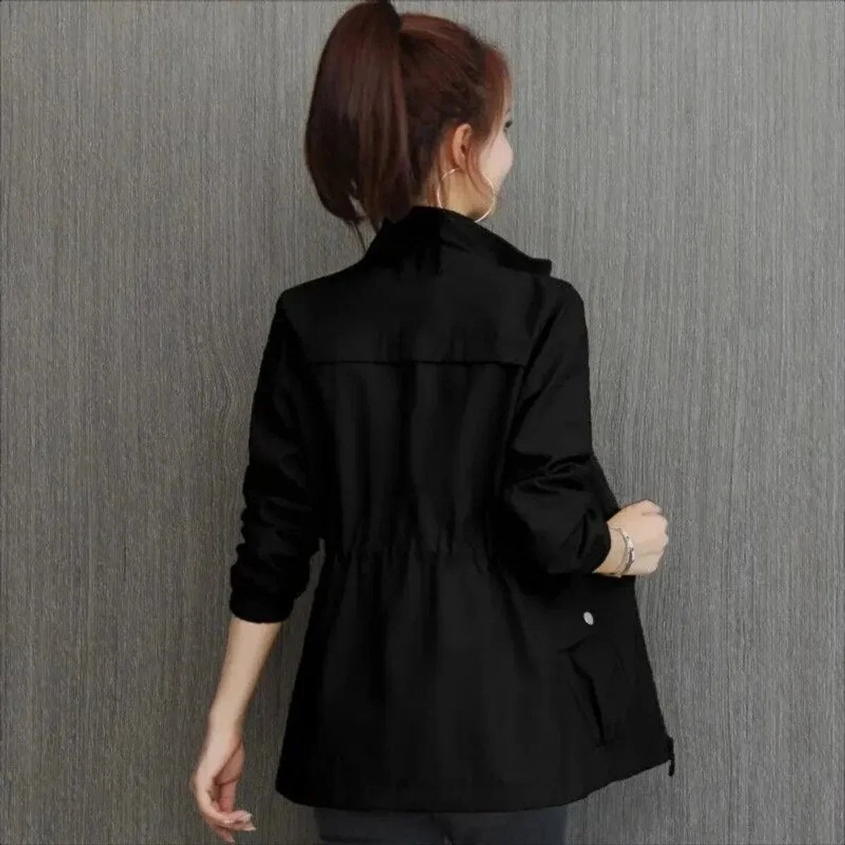 Women's Lightweight Bomber Jacket - Zip Up Drawstring Waist