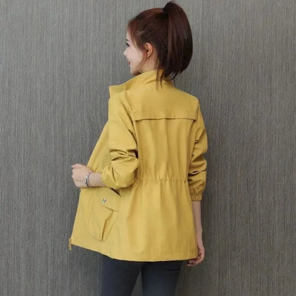 Women's Lightweight Bomber Jacket - Zip Up Drawstring Waist