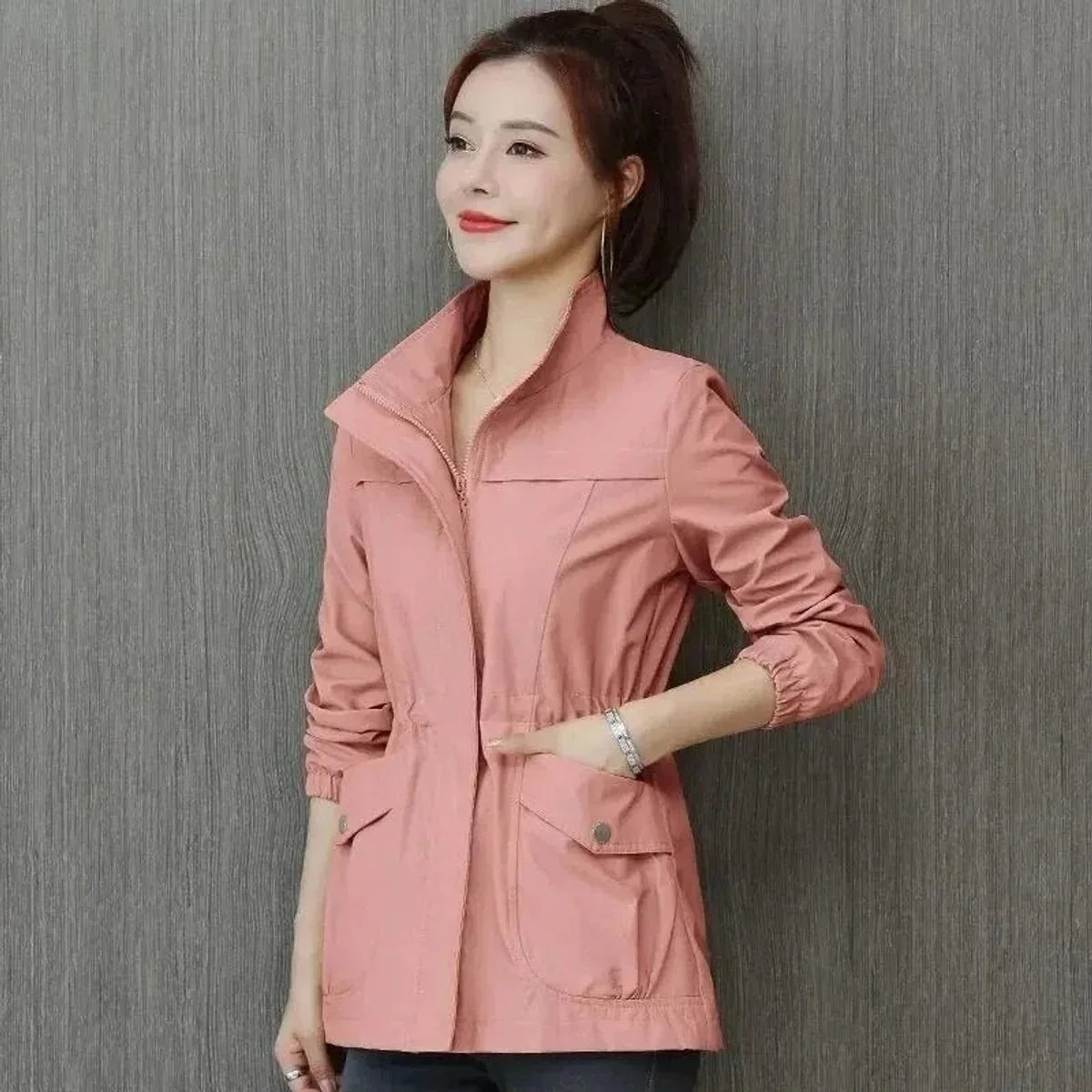 Women's Lightweight Bomber Jacket - Zip Up Drawstring Waist
