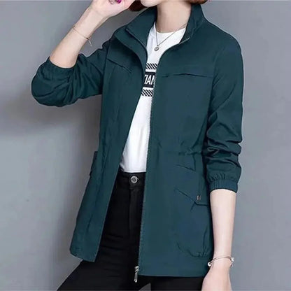 Women's Lightweight Bomber Jacket - Zip Up Drawstring Waist