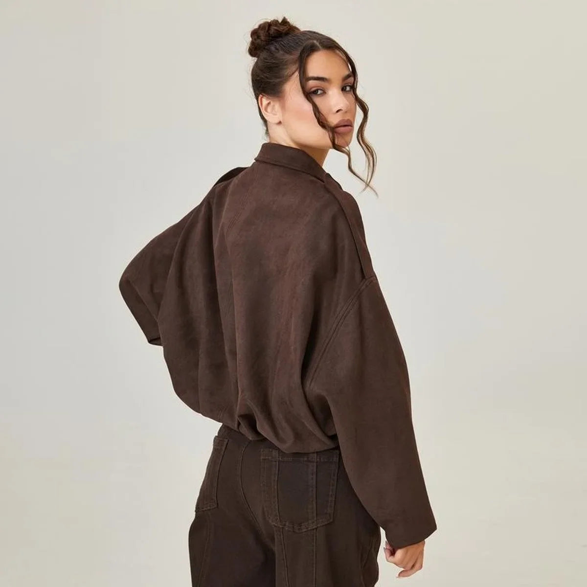 Women's Faux Suede Bomber Jacket - Oversized Zip Front