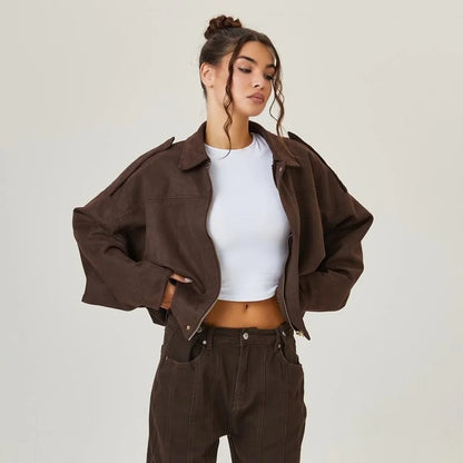 Women's Faux Suede Bomber Jacket - Oversized Zip Front