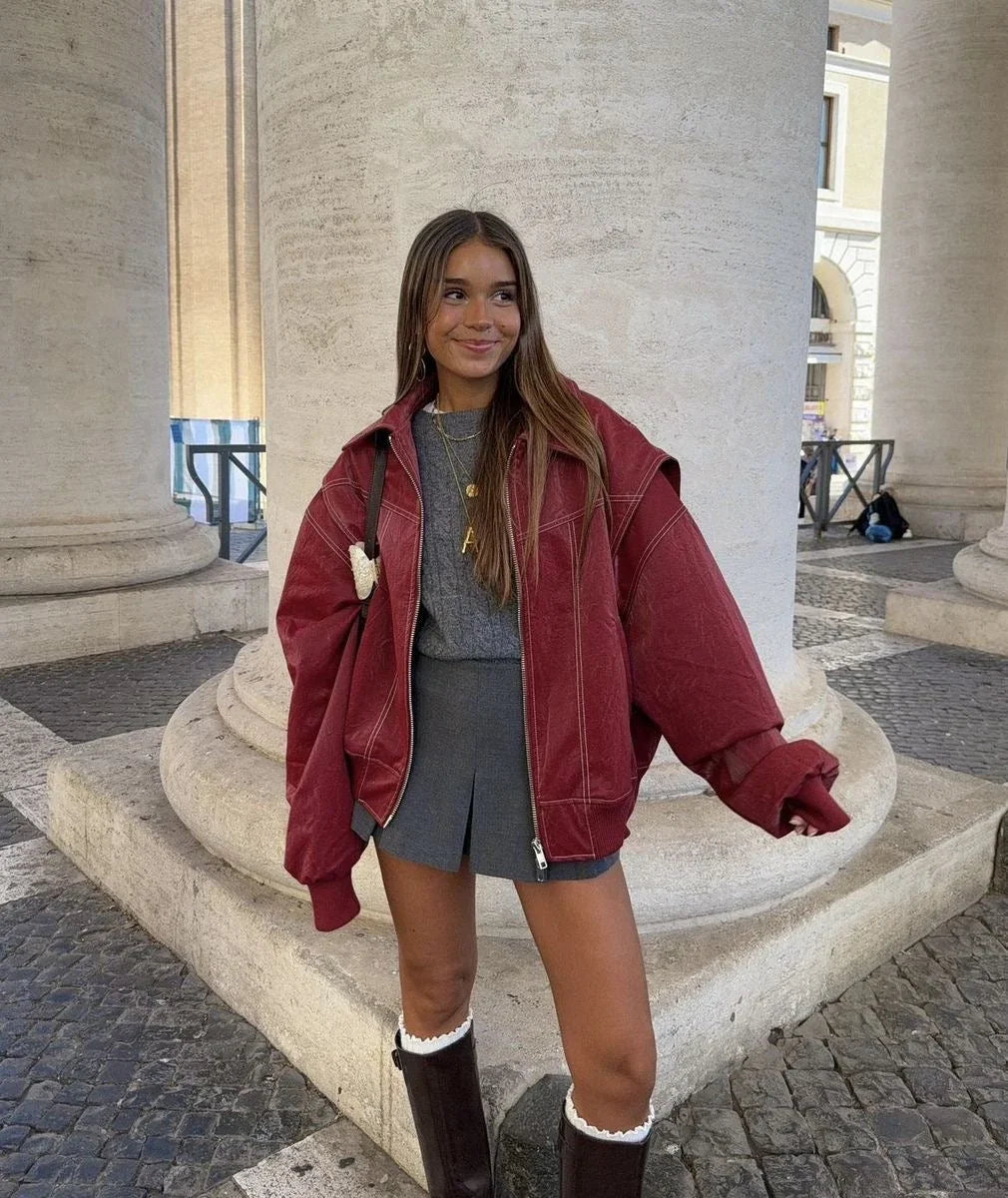 Women's Oversized Red Bomber Jacket – Zip Front