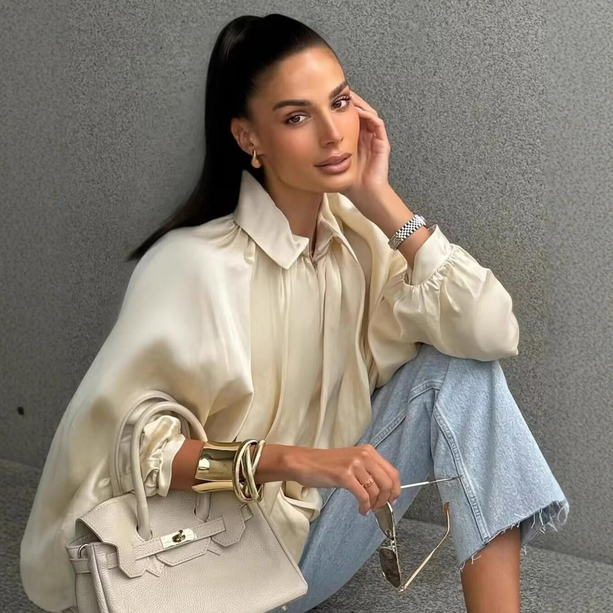 Women’s Oversized Bomber Jacket - Puffed Batwing Sleeve