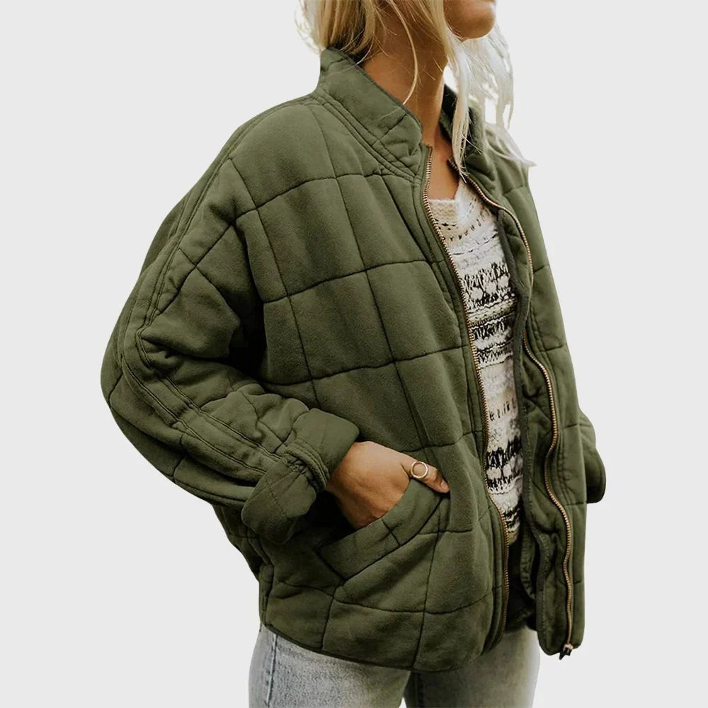 Women's Oversized Quilted Bomber Jacket - Zip Up Jacket