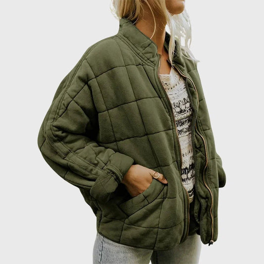 Women's Oversized Quilted Bomber Jacket - Zip Up Jacket