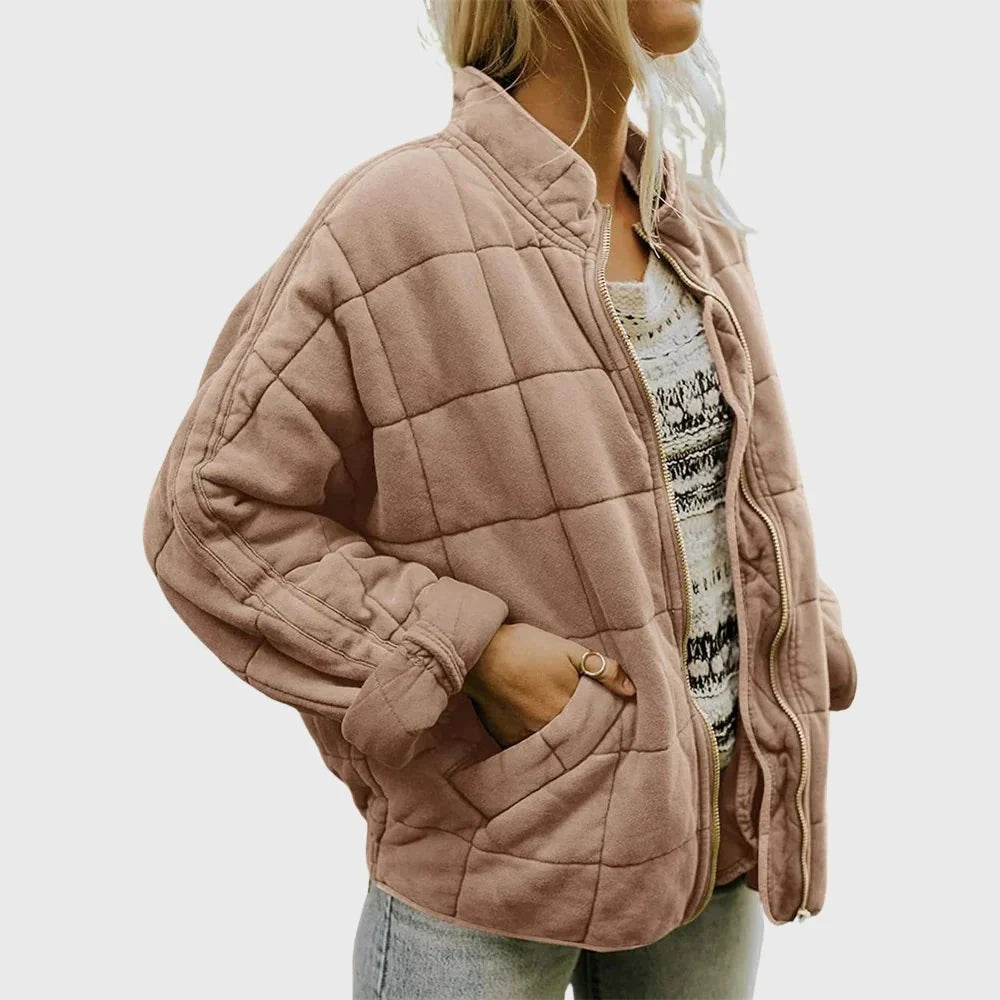 Women's Oversized Quilted Bomber Jacket - Zip Up Jacket