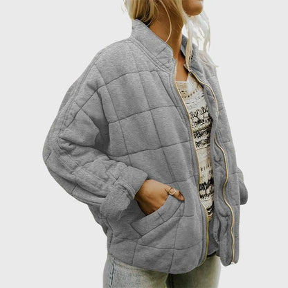Women's Oversized Quilted Bomber Jacket - Zip Up Jacket
