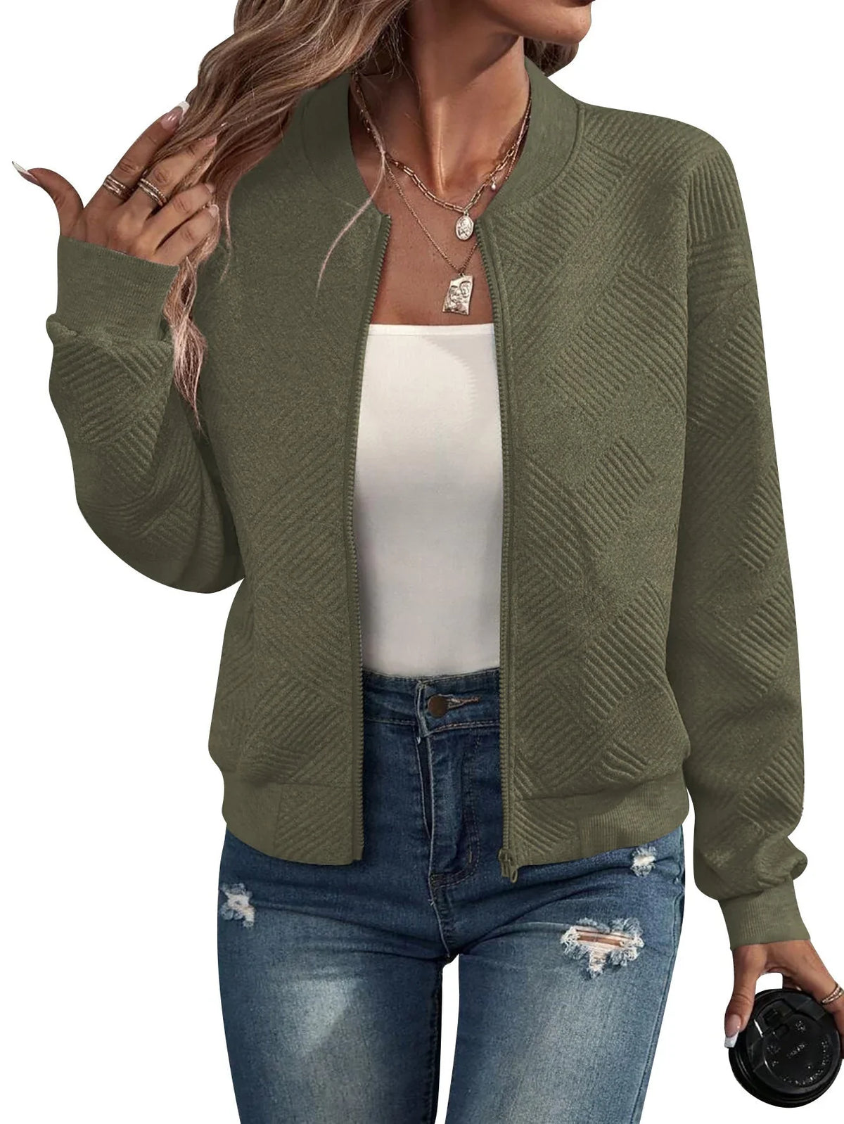 Women's Quilted Knit Bomber Jacket – Zip-Up