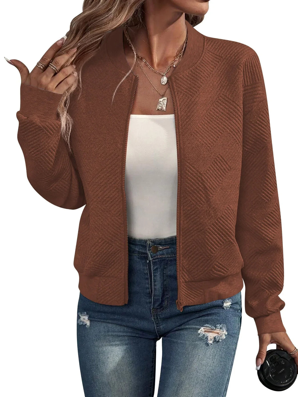 Women's Quilted Knit Bomber Jacket – Zip-Up
