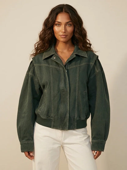 Women's Oversized Bomber Jacket - Contrast Stitch Starter Jacket