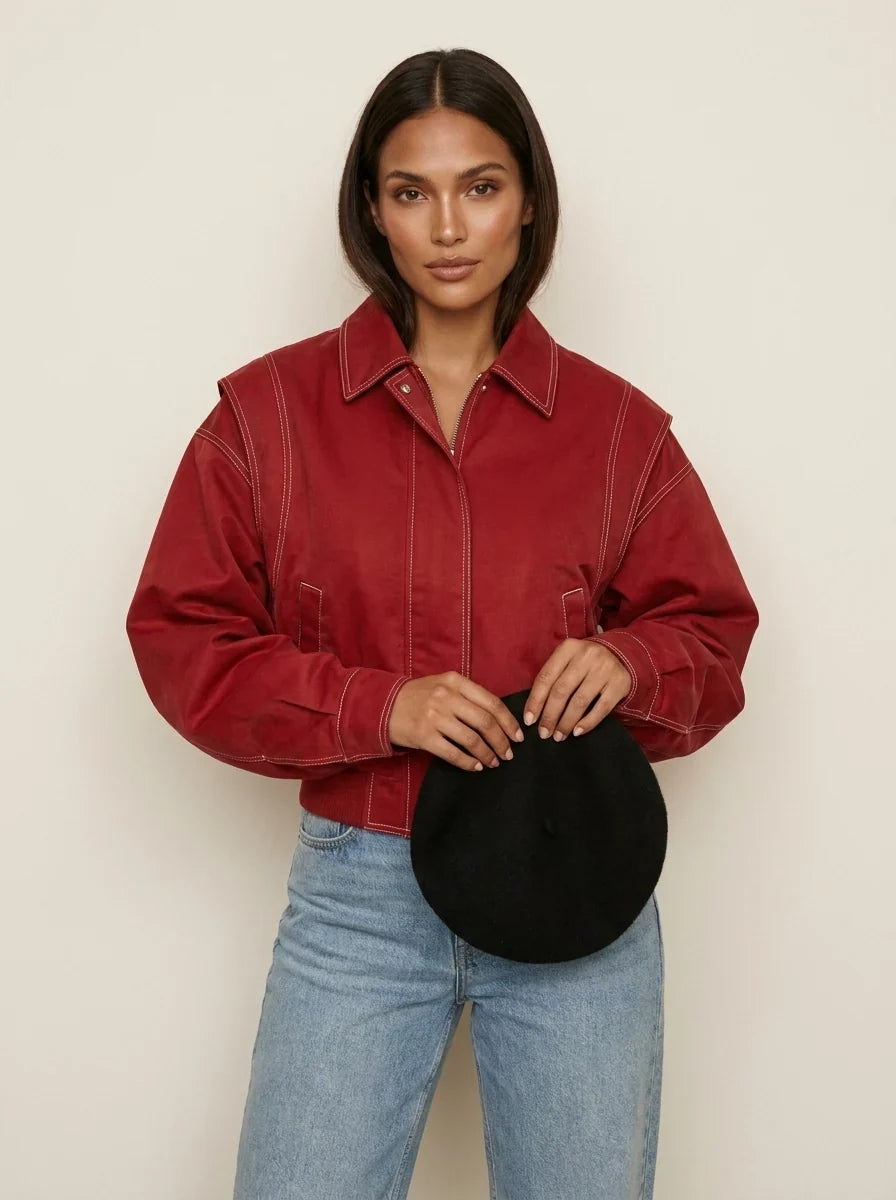 Women's Oversized Bomber Jacket - Contrast Stitch Starter Jacket