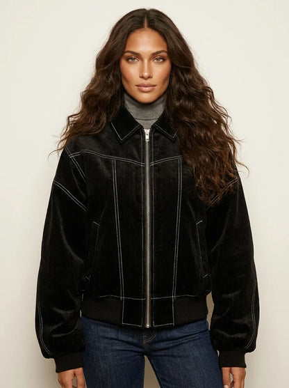 Women's Oversized Bomber Jacket - Contrast Stitch Starter Jacket