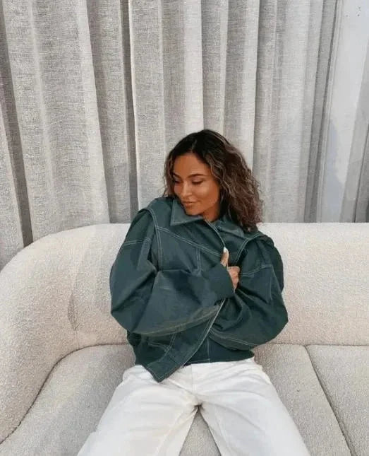 Women's Oversized Bomber Jacket - Contrast Stitch Starter Jacket
