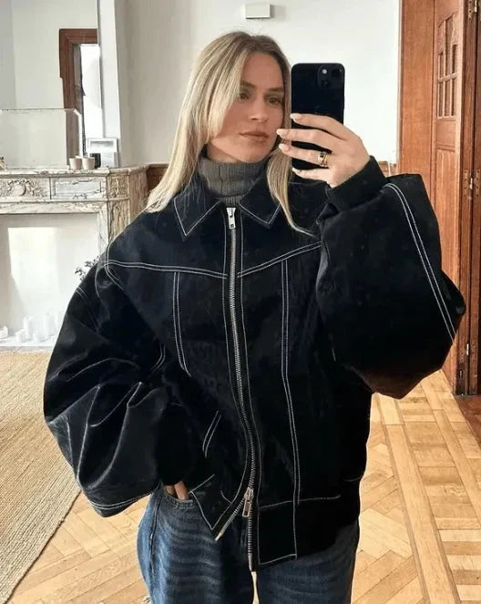 Women's Oversized Bomber Jacket - Contrast Stitch Starter Jacket