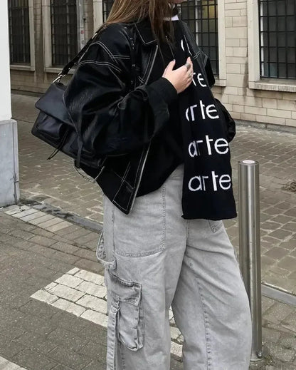 Women's Oversized Bomber Jacket - Contrast Stitch Starter Jacket