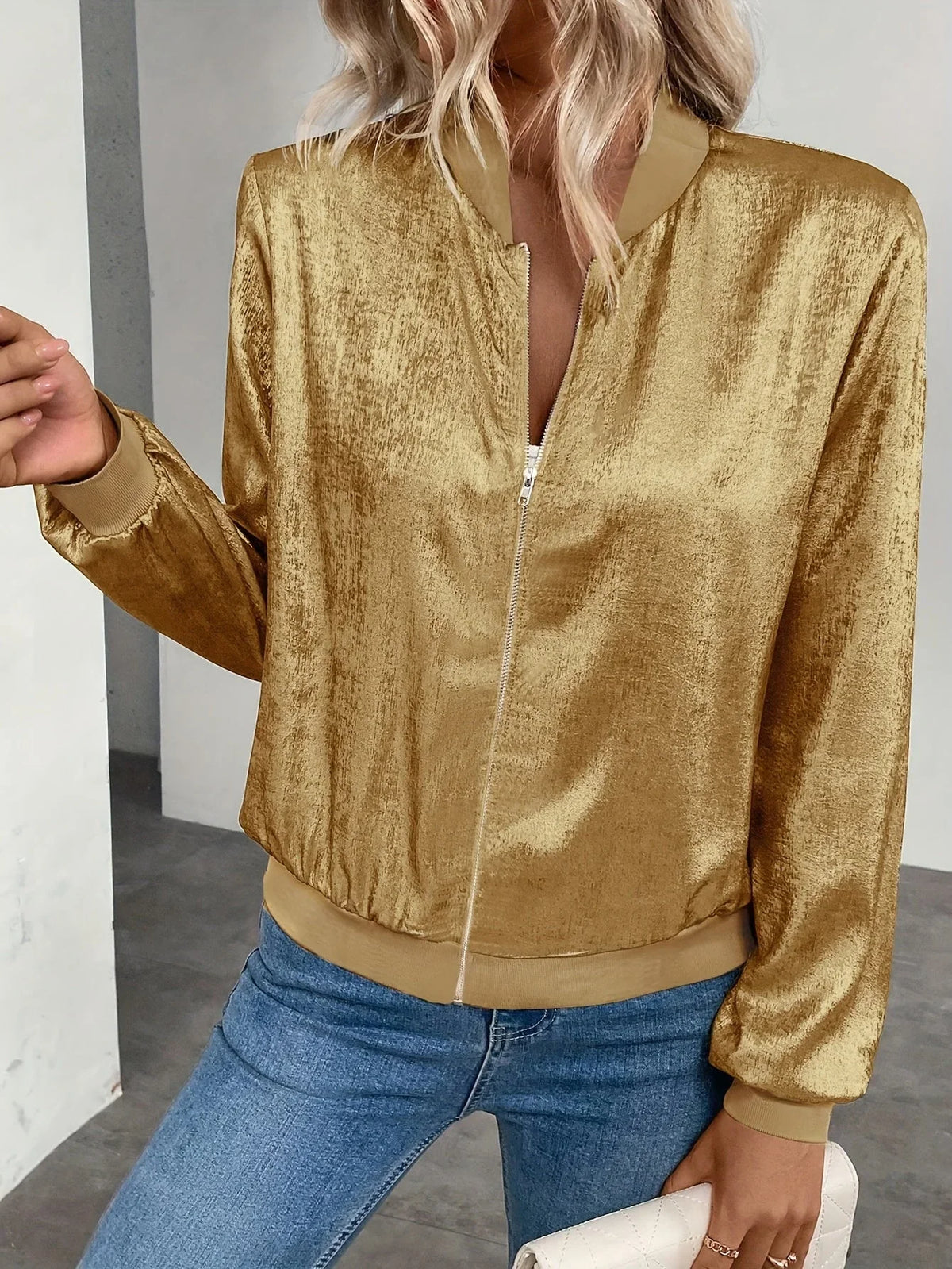 Women’s Bomber Jacket - Zip Front Casual Outerwear
