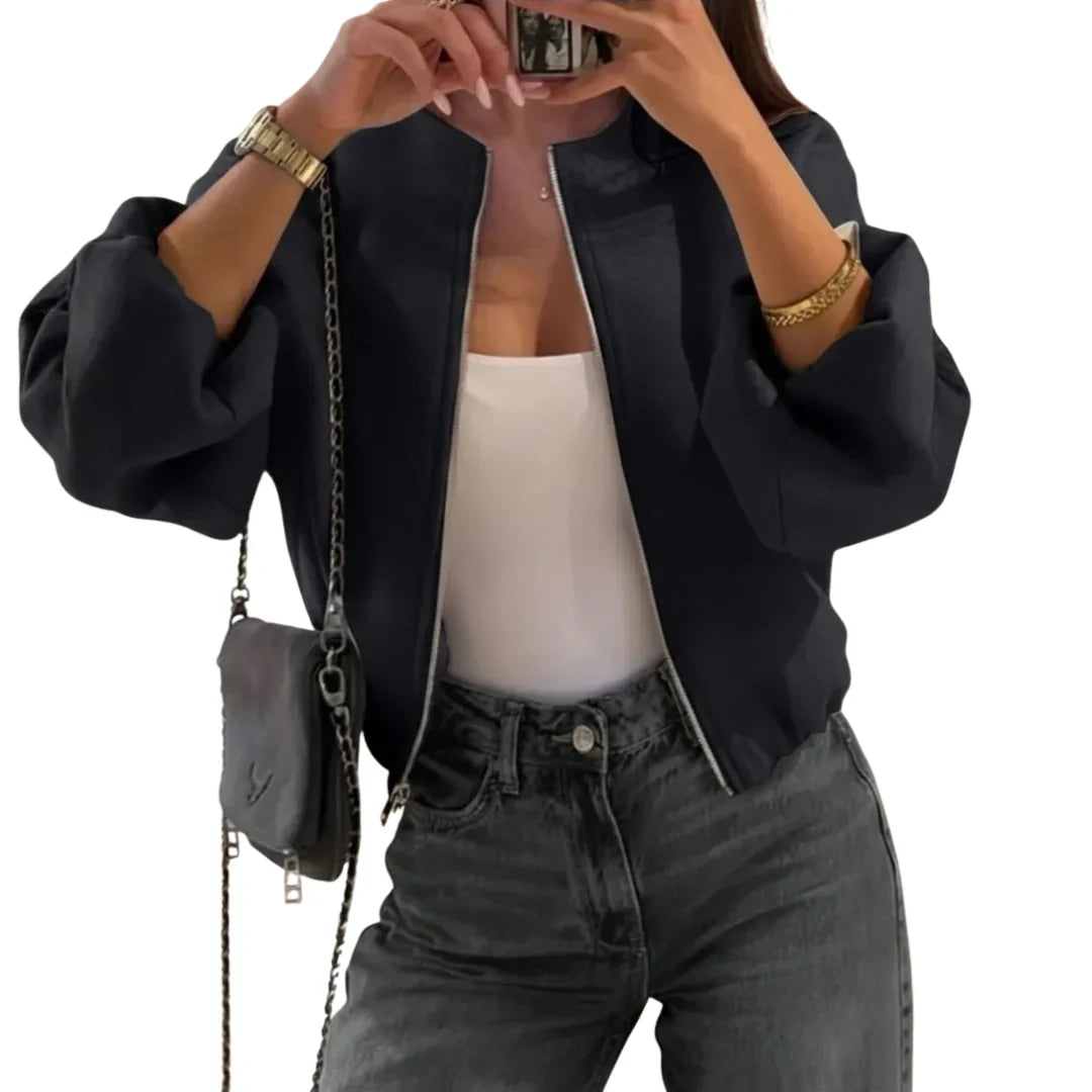 Women's Bomber Jacket - Zip Front Balloon Sleeve