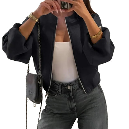 Women's Bomber Jacket - Zip Front Balloon Sleeve