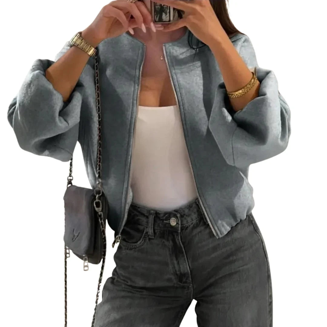 Women's Bomber Jacket - Zip Front Balloon Sleeve