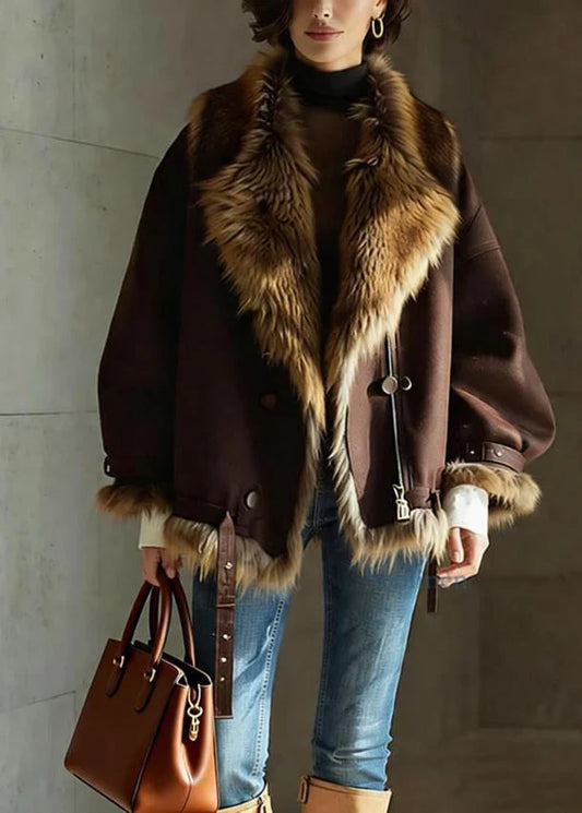 Women's Brown Leather Jacket - Faux Fur Collar Buckle Detail