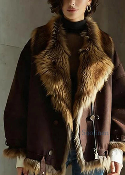 Women's Brown Leather Jacket - Faux Fur Collar Buckle Detail