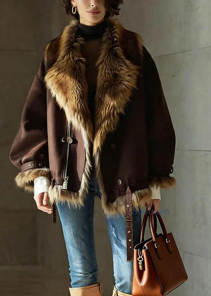 Women's Brown Leather Jacket - Faux Fur Collar Buckle Detail