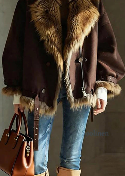 Women's Brown Leather Jacket - Faux Fur Collar Buckle Detail