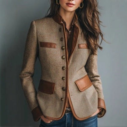 Women's Brown Leather Jacket - Tweed Collar Button Front