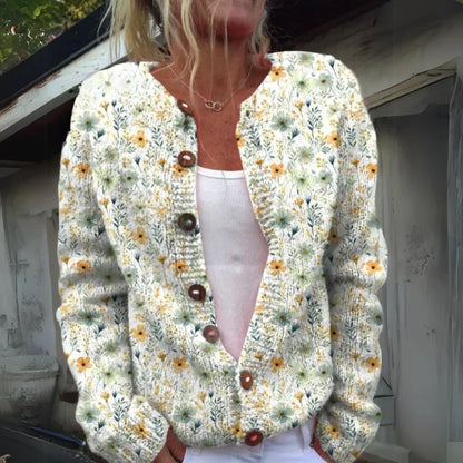 Women's Floral Knit Cardigan – Button Front, Round Neck