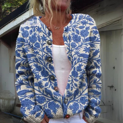 Women's Floral Knit Cardigan – Button Front, Round Neck