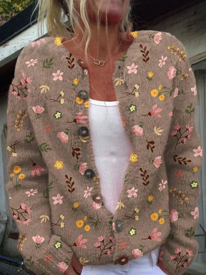 Women's Floral Knit Cardigan – Button Front, Round Neck