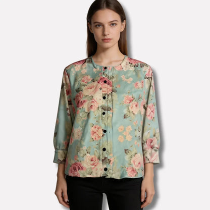 Women's Floral Knit Cardigan – Button Front, Round Neck
